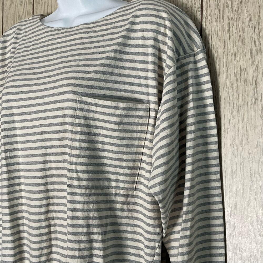 Vintage Oversized Tunic Sz M Drawstring Drop Waist Cream with Gray Stripes Retro - Picture 3 of 7